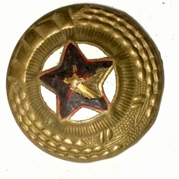 North Korean KPA Small Brass Prong Back Cap Badge with Red and White Enamel