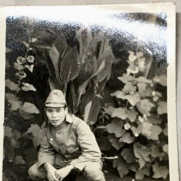 Japanese Army WWII Photograph Soldier with Bayonet in Tropical Garden