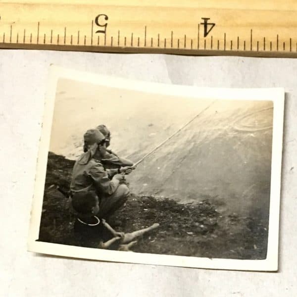 Japanese Army WWII Photograph Soldiers with Tropical Caps Fishing