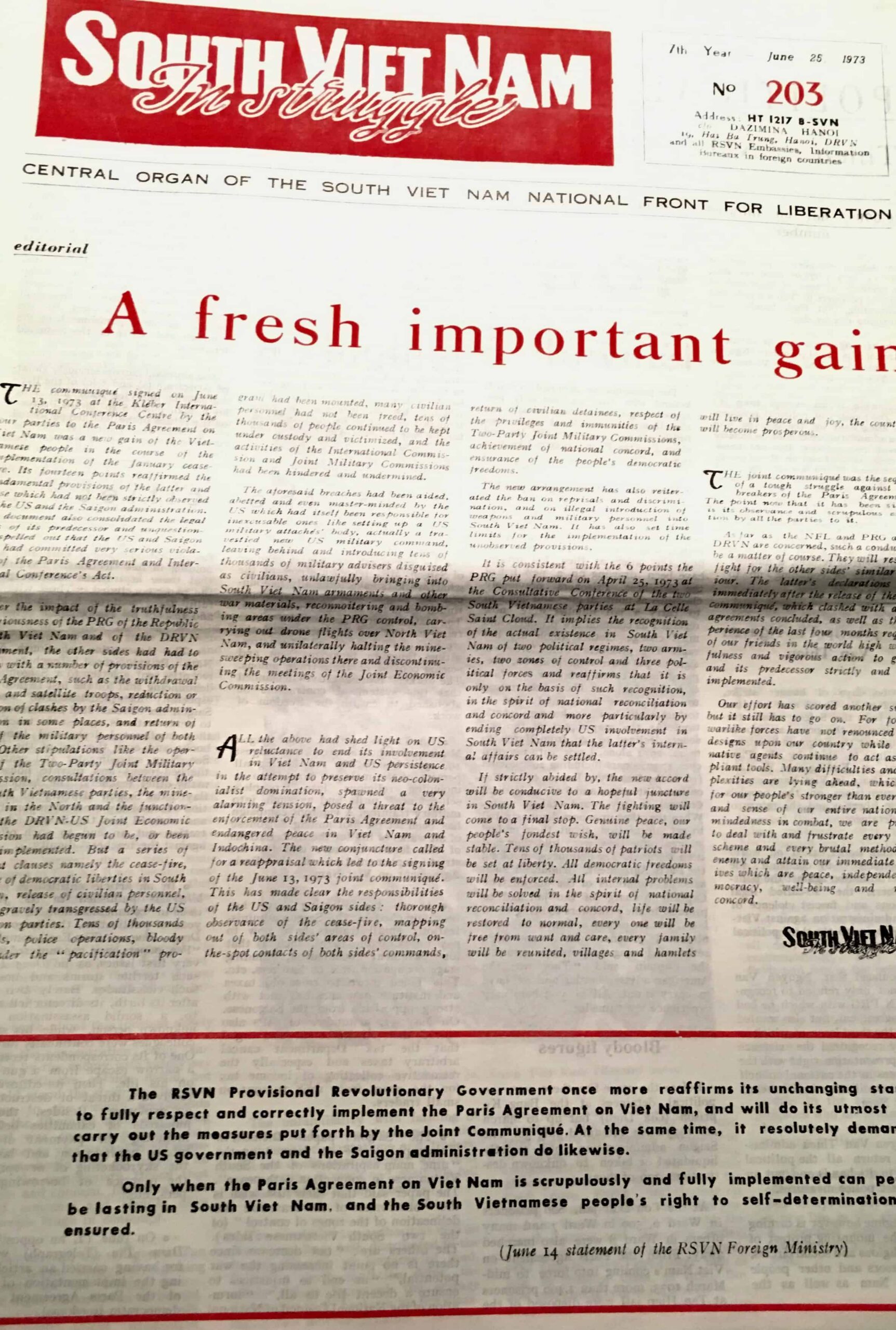 Viet Cong Hanoi Printed Propaganda Newspaper in English June 18, 1973 - Image 3