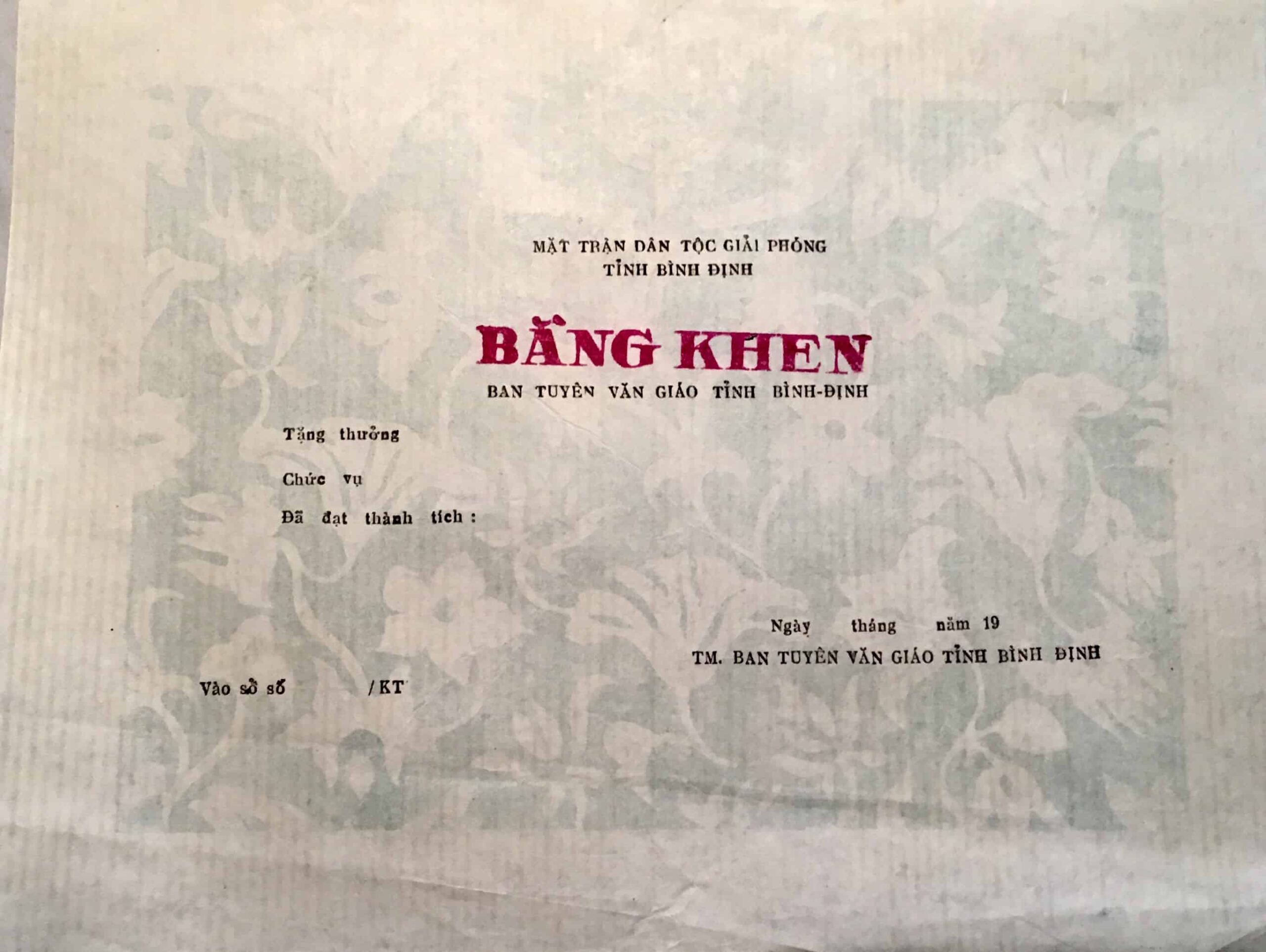 Viet Cong Award Certificate