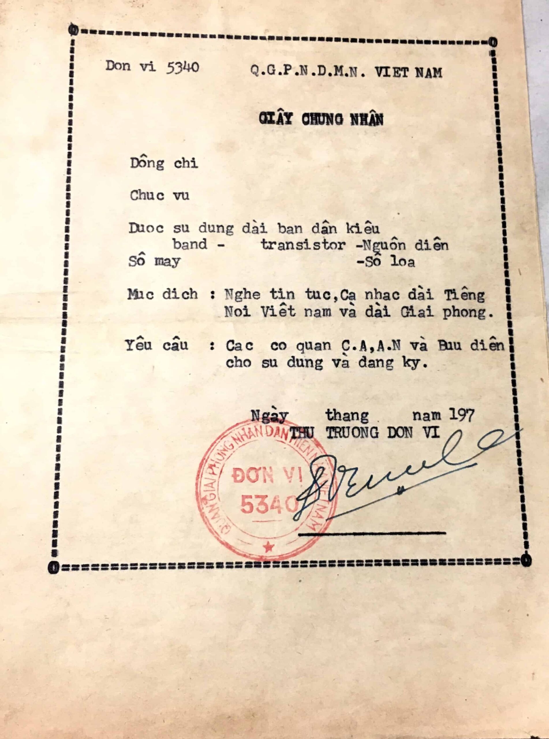 Viet Cong Permit to Possess a Transistor Radio Unit 5340