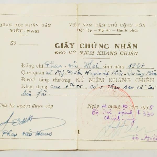 North Vietnamese Army Viet Minh Resistance Medal Award Document October 4, 1955 to Phan-van Hue