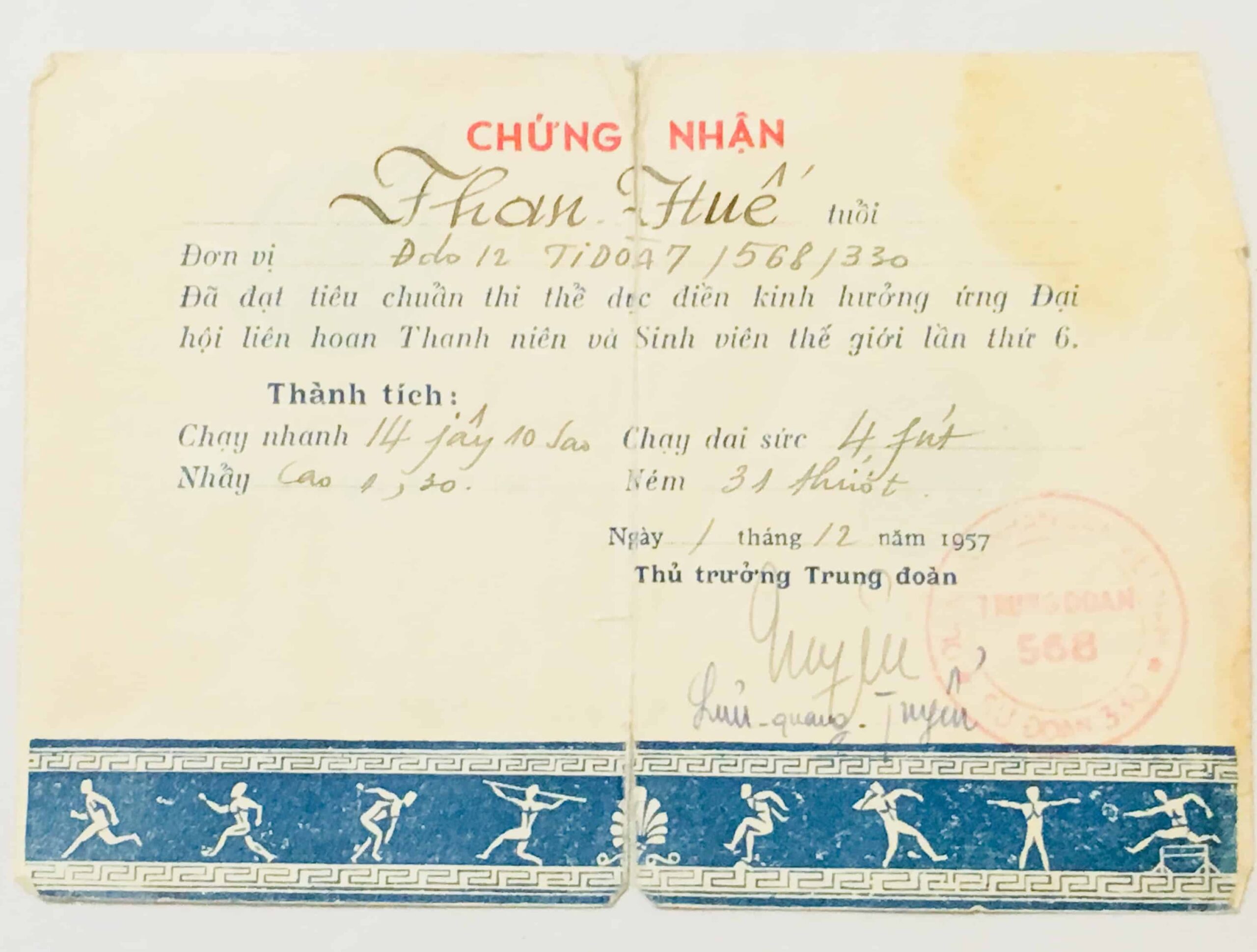 North Vietnamese Army PT Card 1957 to Phan-van Hue - Image 2
