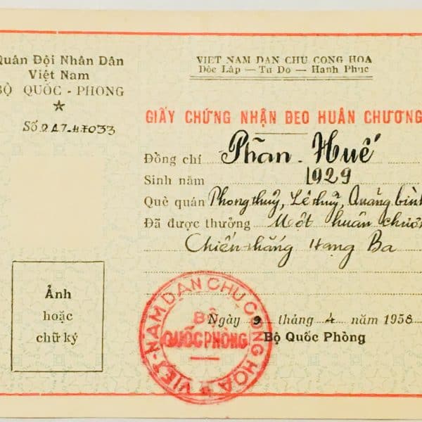North Vietnamese Army Viet Minh 3rd Class Victory Medal Document April 1958 to Phan-van Hue