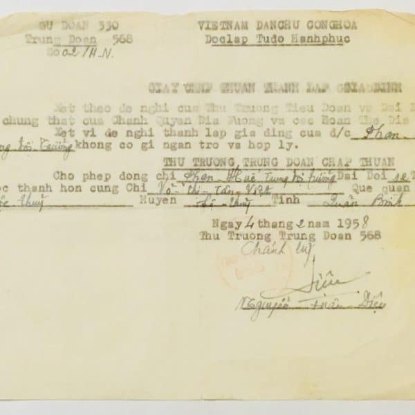 North Vietnamese Army Platoon Leader's Authorization to Marry 1958 for Phan-van Hue