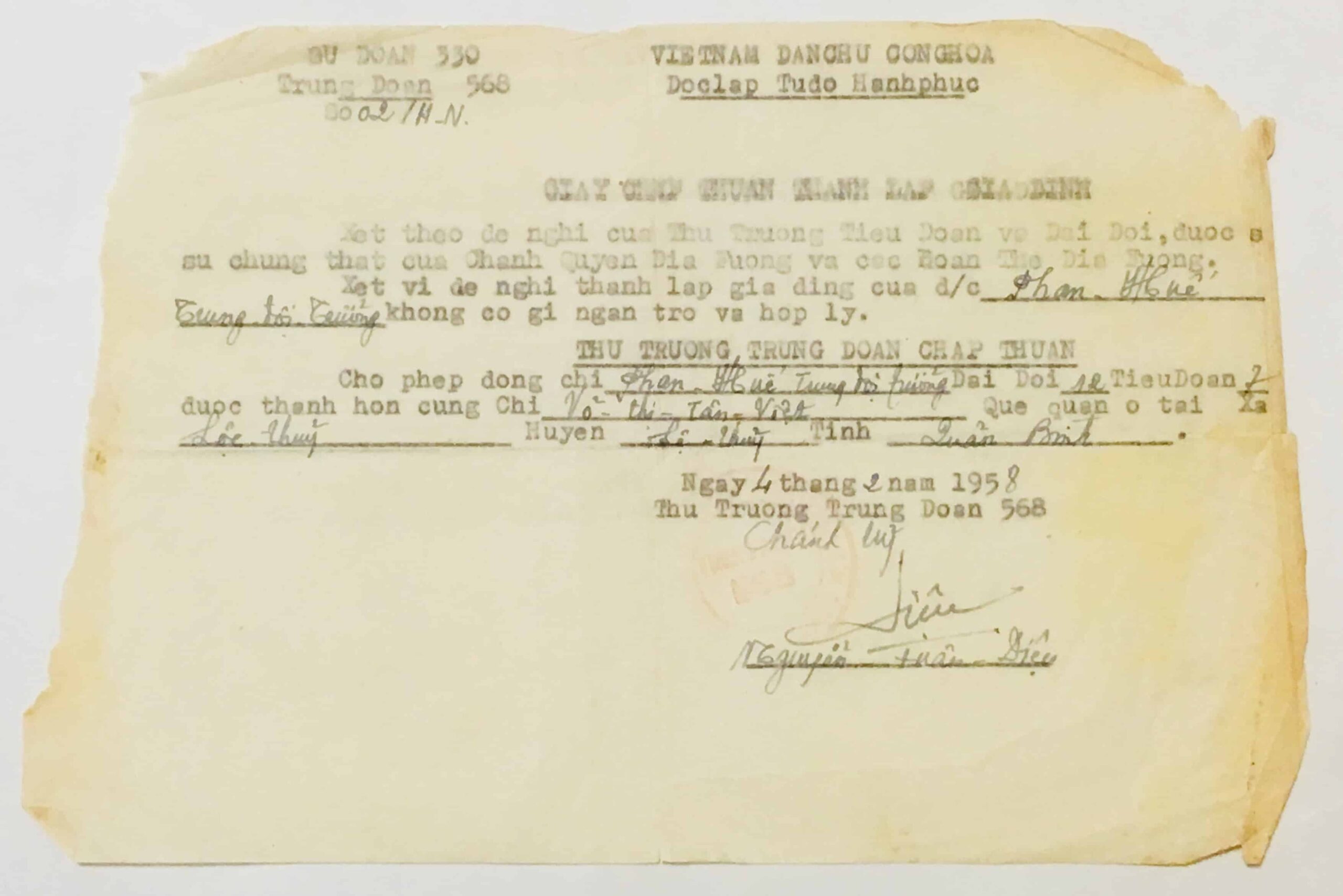 North Vietnamese Army Platoon Leader's Authorization to Marry 1958 for Phan-van Hue