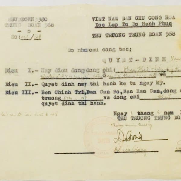 North Vietnamese Army Platoon Leader's Transfer Orders August 3, 1959 for Phan-van Hue