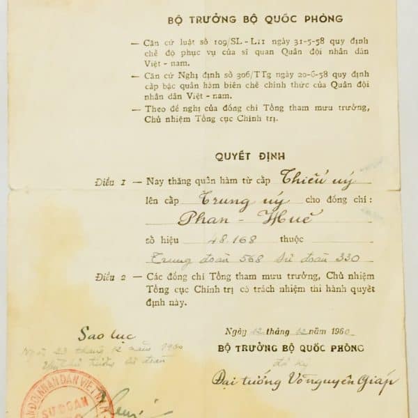 North Vietnamese Army Promotion Orders December 12, 1960 to Phan-Van Hue