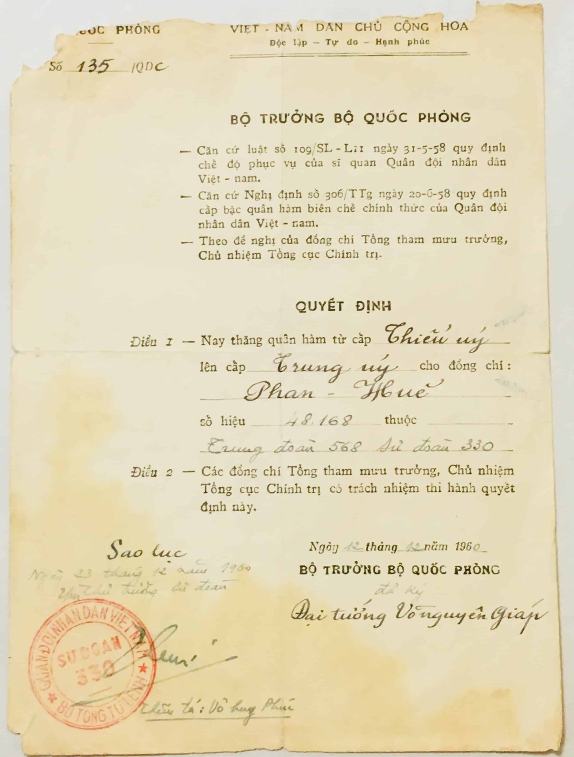 North Vietnamese Army Promotion Orders December 12, 1960 to Phan-Van Hue