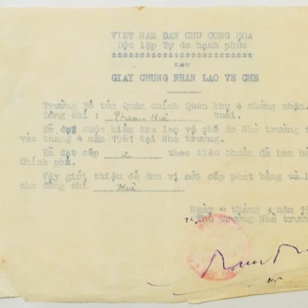 North Vietnamese Army Certificate March 10, 1962 to Phan-Van Hue