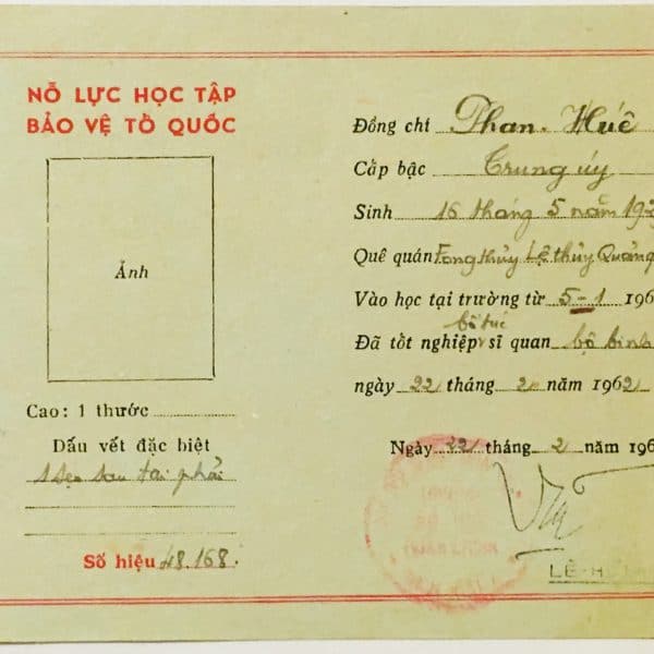 North Vietnamese Army Officer Graduation Certificate February 22, 1962 to Phan-Van Hue