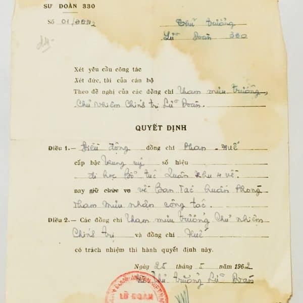 North Vietnamese Army Certificate May 25, 1962 to Phan-Van Hue