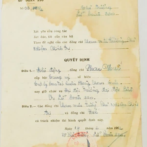North Vietnamese Army Certificate June 14, 1962 to Phan-Van Hue