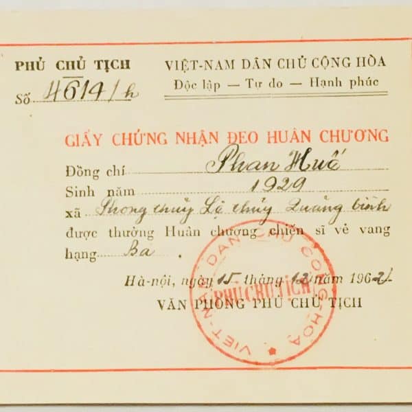 North Vietnamese Army Medal Certificate December 15, 1962 to Phan-Van Hue