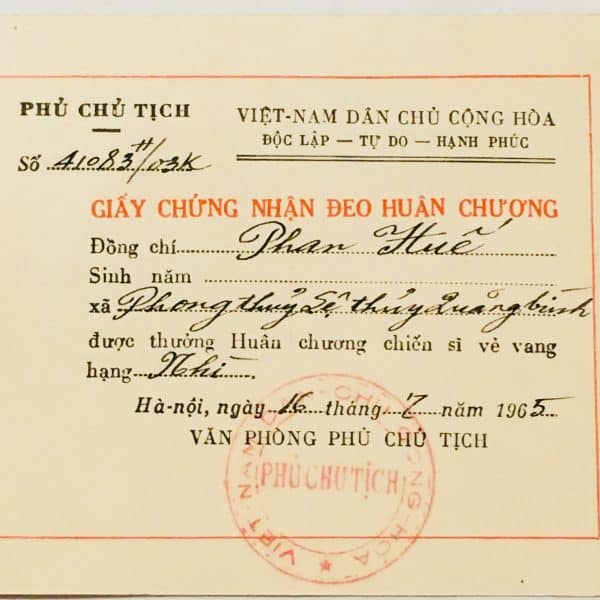 North Vietnamese Army Award Certificate July 16, 1965 to Phan-Van Hue