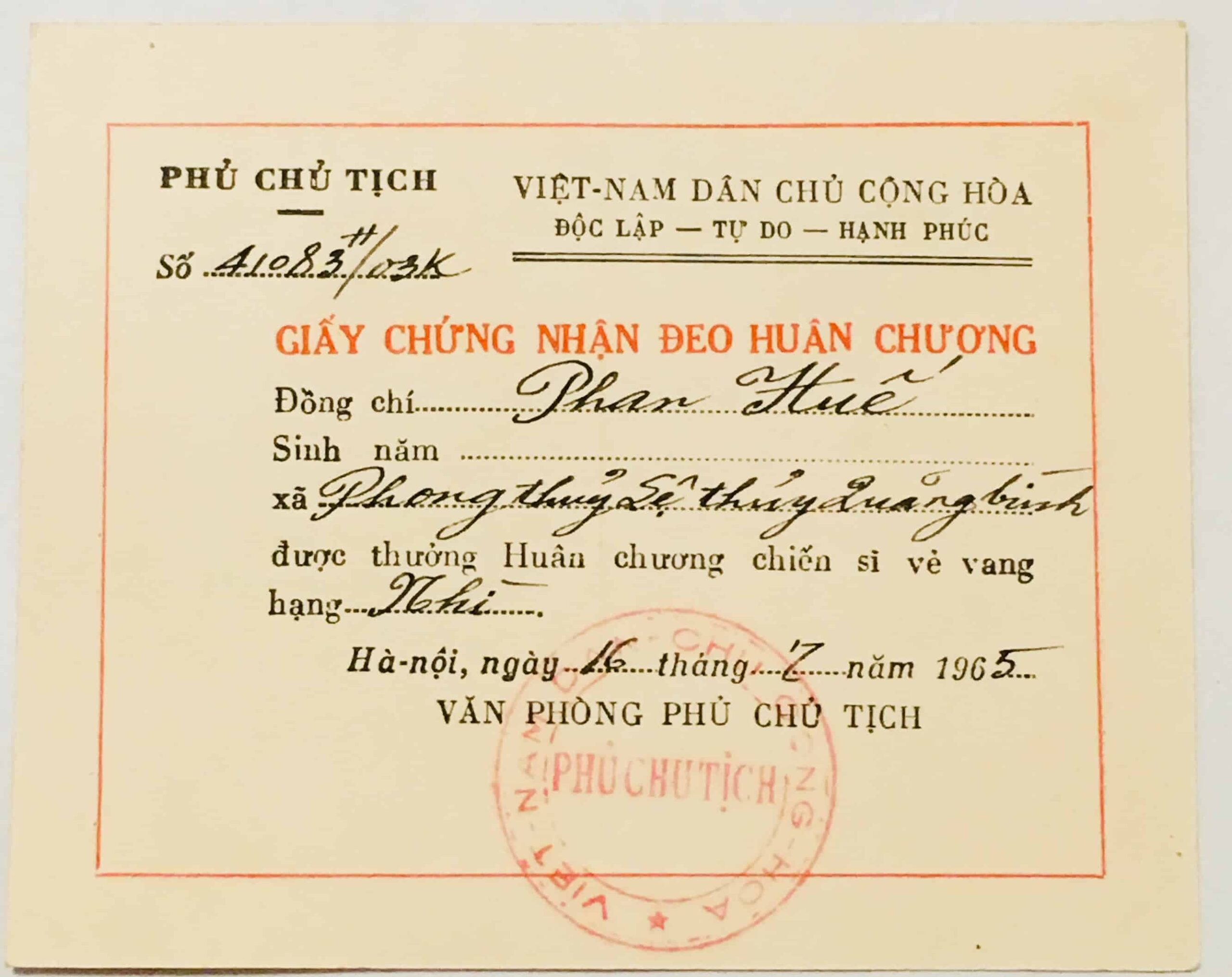 North Vietnamese Army Award Certificate July 16, 1965 to Phan-Van Hue
