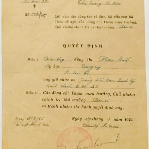 North Vietnamese Army Transfer Orders July 27, 1966 to Phan-Van Hue