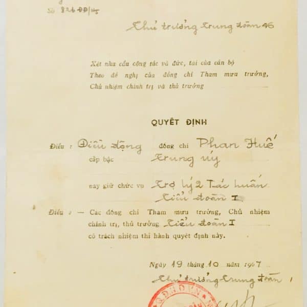 North Vietnamese Army Orders October 19, 1967 to Phan-Van Hue