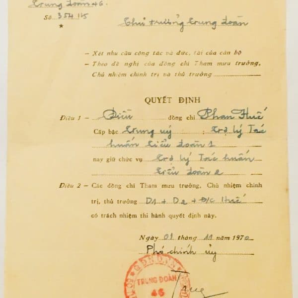 North Vietnamese Army Transfer Orders November 1, 1970 to Phan-Van Hue
