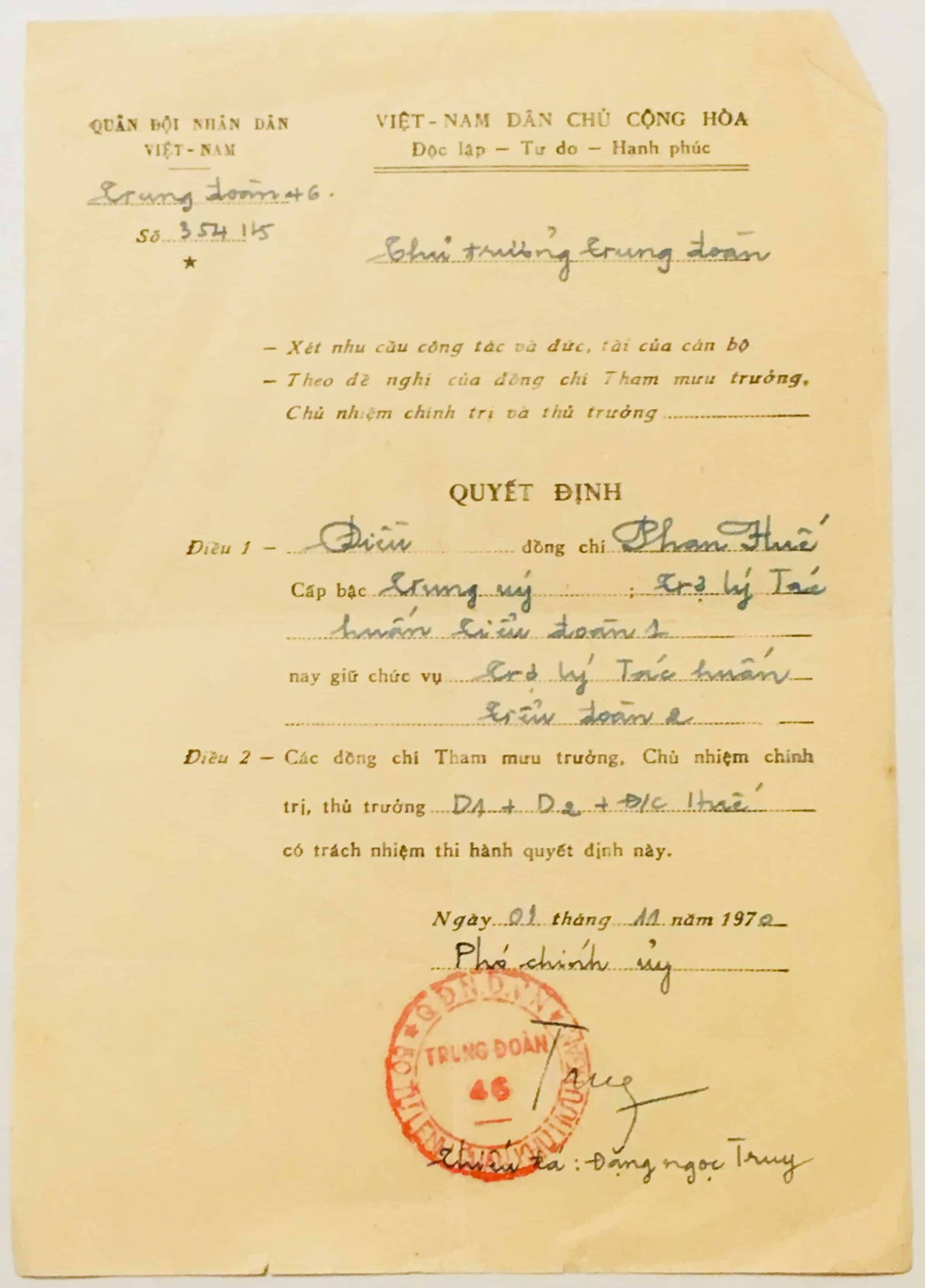 North Vietnamese Army Transfer Orders November 1, 1970 to Phan-Van Hue