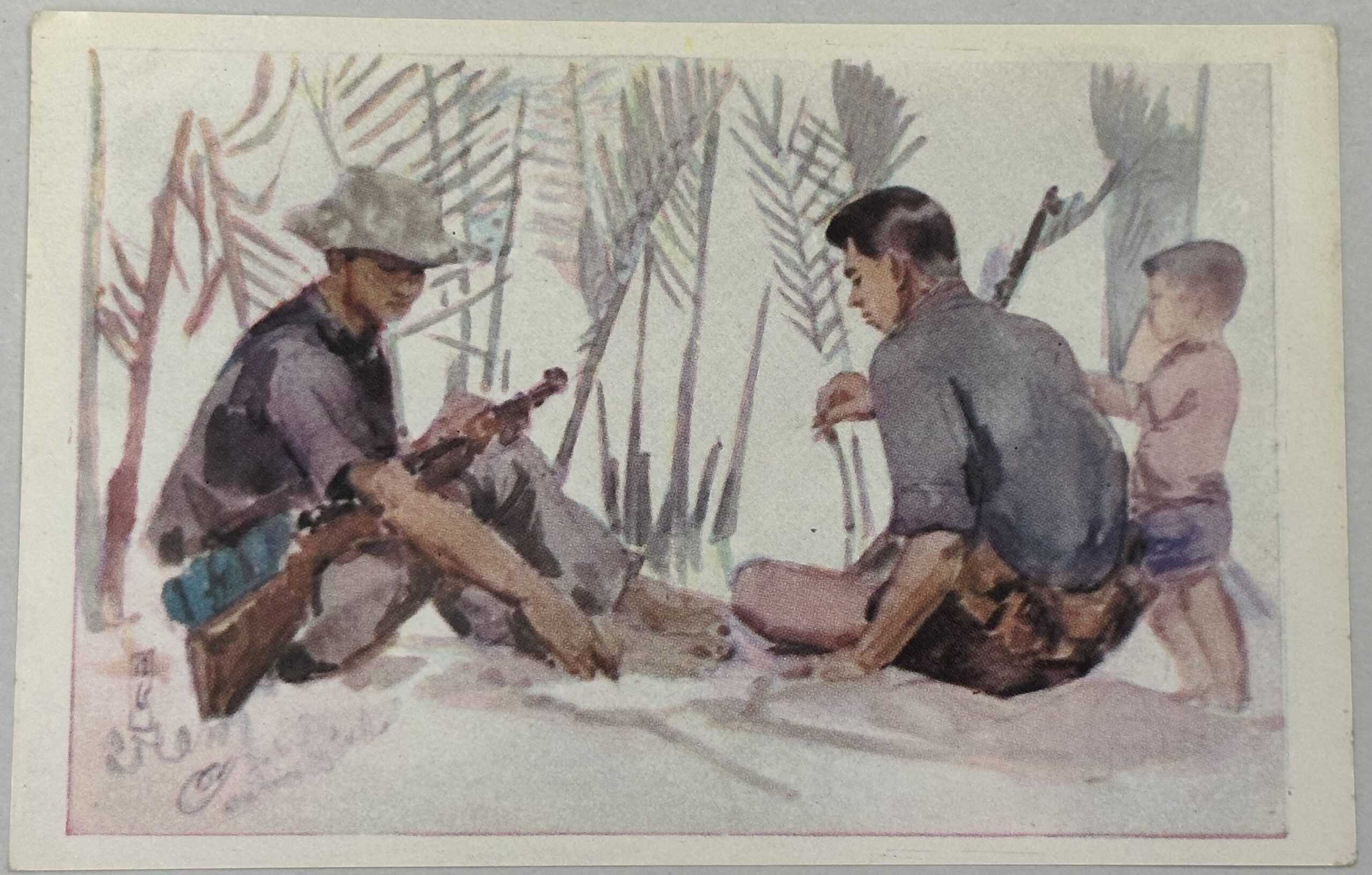 Viet Cong Color Postcard 1969 – Guerrillas with M1 Carbines & a Child