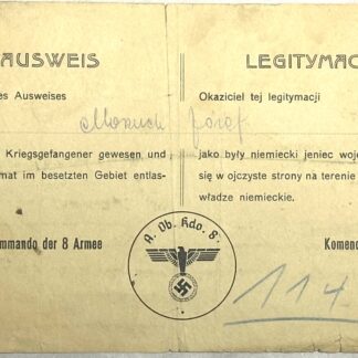 WW2 German Travel Identification For Released Polish POW