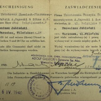 WW2 German Occupied Warsaw Work Permit