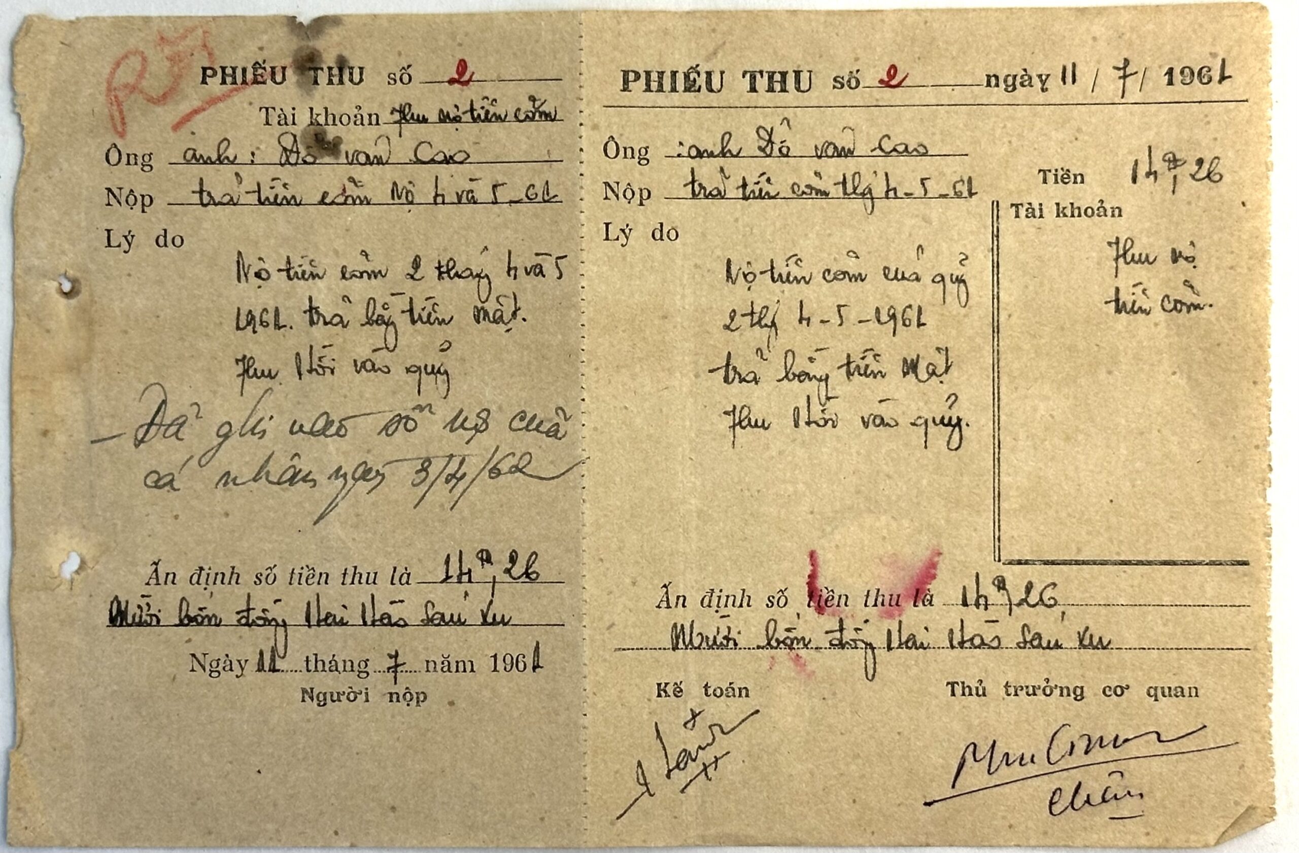 Viet Cong Receipt for Meals 1961 Translated